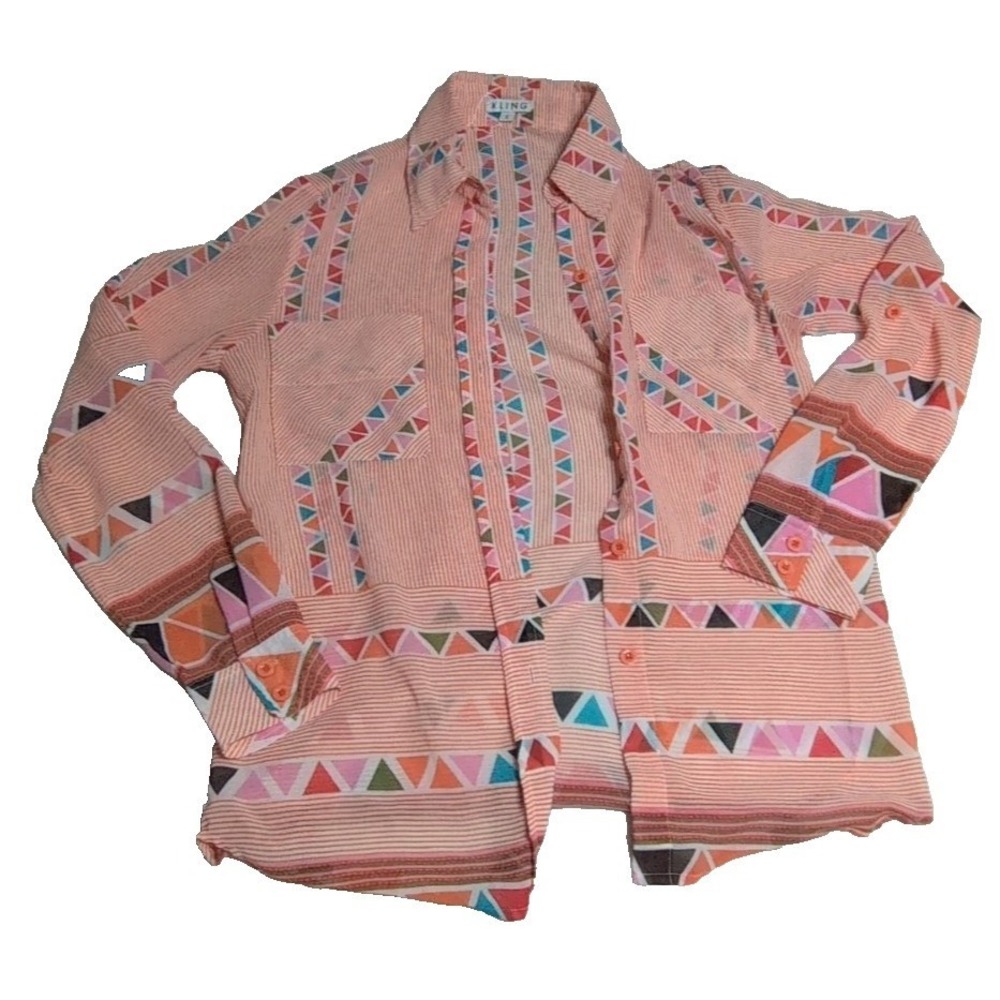 Kling Geometric Triangle Stripe Blouse Womens‎ Small Orange Multi Button Up Good